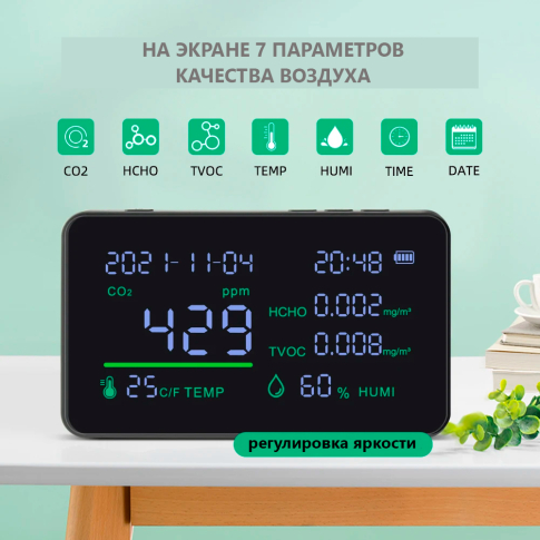 Анализатор качества воздуха 5 параметров CO2/HCHO/TVOC/RH/Temp