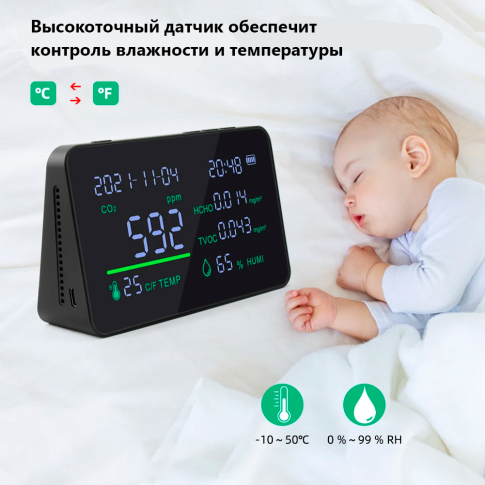 Анализатор качества воздуха 5 параметров CO2/HCHO/TVOC/RH/Temp