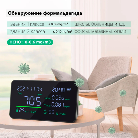Анализатор качества воздуха 5 параметров CO2/HCHO/TVOC/RH/Temp