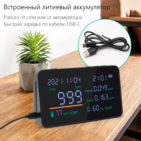 Анализатор качества воздуха 5 параметров CO2/HCHO/TVOC/RH/Temp