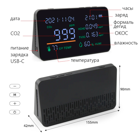 Анализатор качества воздуха 5 параметров CO2/HCHO/TVOC/RH/Temp
