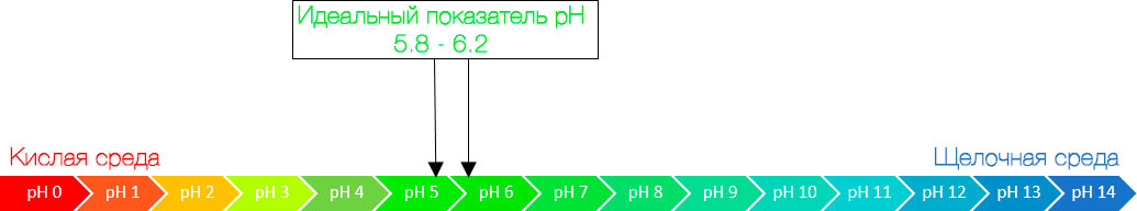 Шкала, показывающая диапазон pH от 0 до 14, с идеальным диапазоном от 5,8 до 6,2